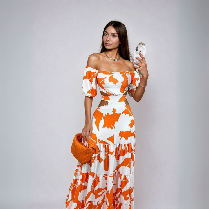 Atla | Lang kjole med unikt mønster og bare skuldre