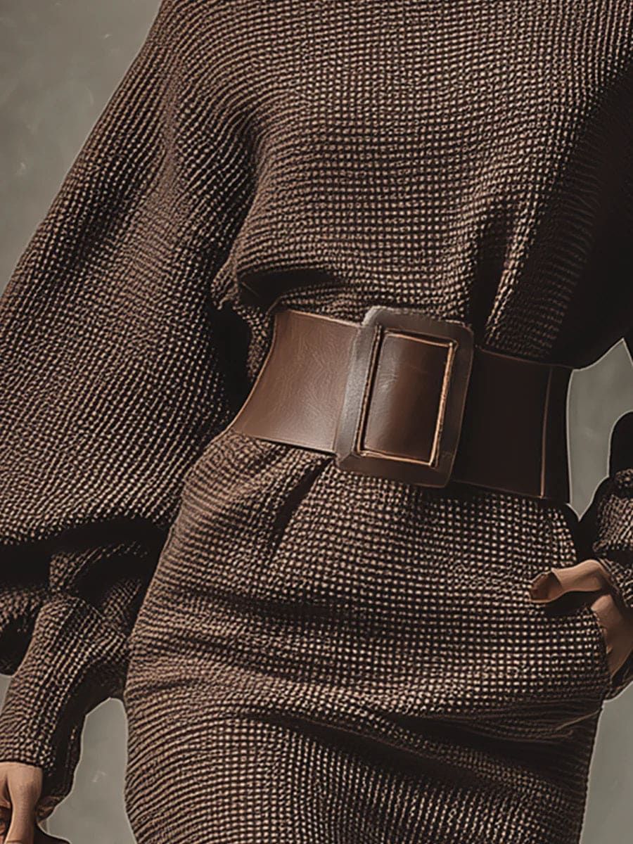 Ingrid Kort Strikket Kjole med Strukturert Belte – Elegant og Moderne