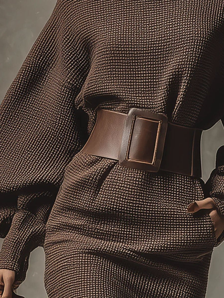 Ingrid Kort Strikket Kjole med Strukturert Belte – Elegant og Moderne